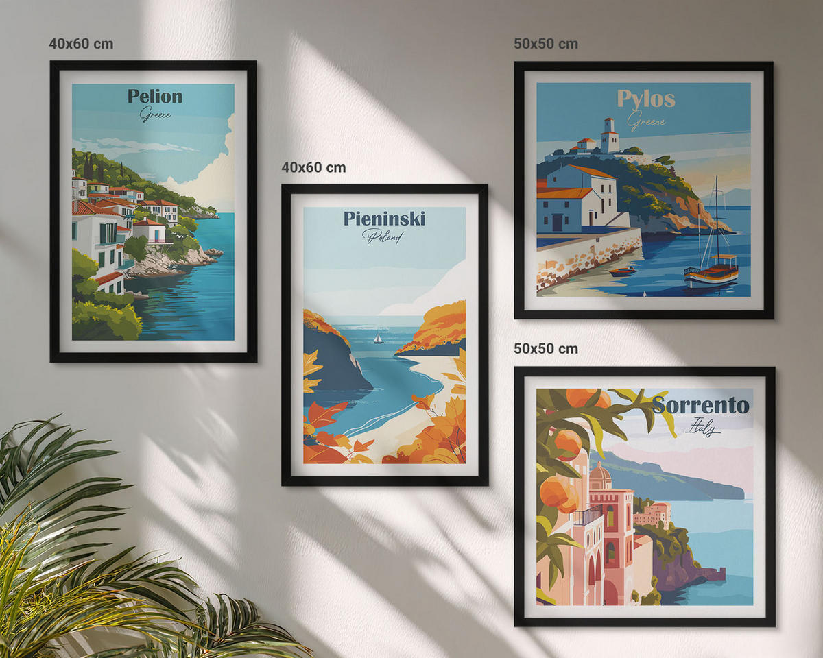 WANDBILDER 4er-Set - 50x50 cm & 40x60 cm Schwarzer Rahmen - Retro-Landschaften im malerischen Stil - Schwarz, Kunststoff (50/50cm) - ArtPrintCave