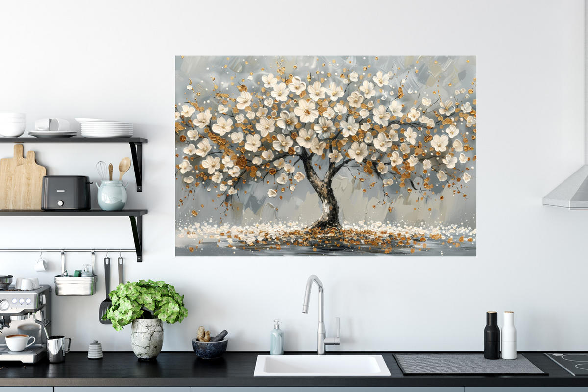 WANDTATTOO Baum - Blumen - Weiß - Natur - Kunst 120x80 cm - Weiß, Kunststoff (120/80/0.1cm) - MuchoWow