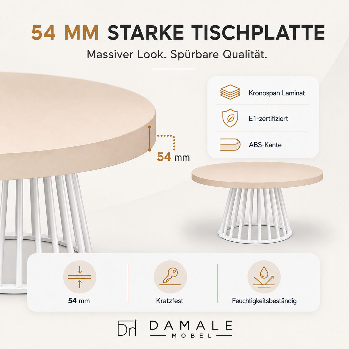ESSTISCH rund ausziehbar 90/190/76 cm, Kaschmir, 54 cm Tischplatte + Lamellen-Metallgestell Weiß - Kaschmir/Weiß, Holzwerkstoff/Metall (90/190/76cm) - Damale Möbel