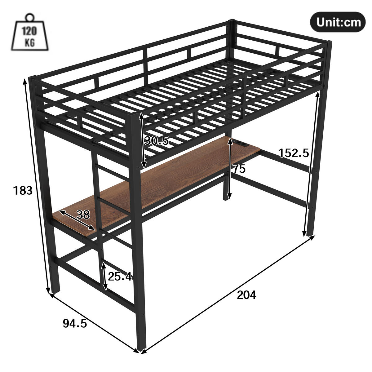 HOCHBETT 90x200cm Schwarz Metall Schreibtisch USB Steckdose EN747 - Schwarz, Metall (90/200cm) - FLIEKS