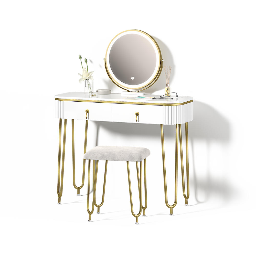 SCHMINKTISCH Isonca Weiß mit LED-Spiegel, QI-Ladestation und Hocker - Weiß, Holzwerkstoff (100/126/40cm) - Livinity®