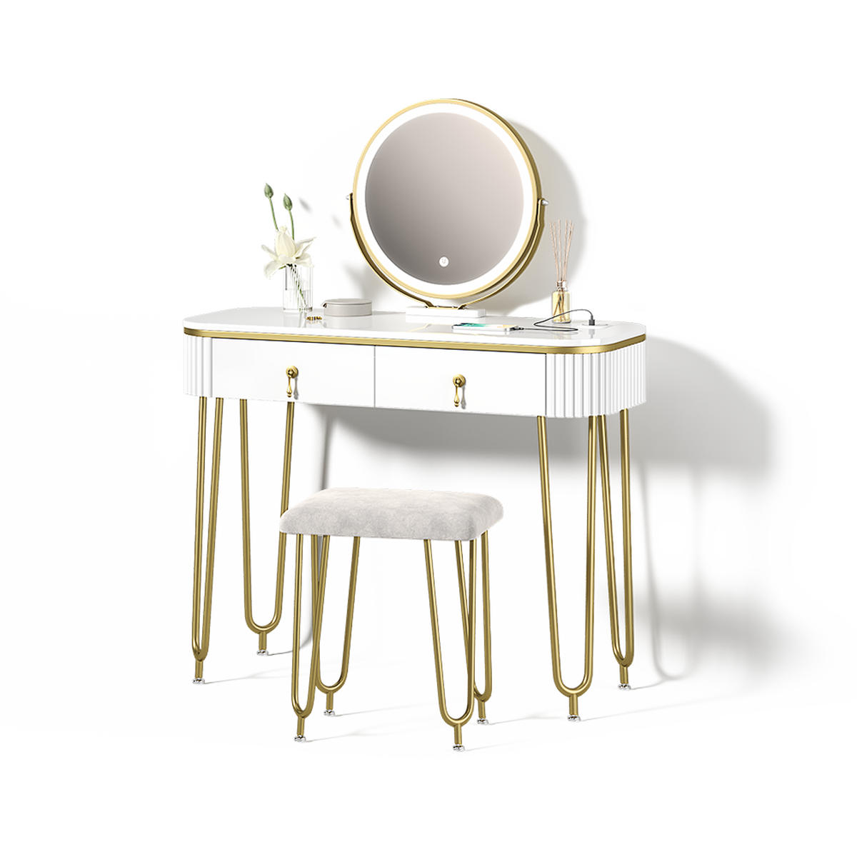 SCHMINKTISCH Isonca Weiß mit LED-Spiegel, QI-Ladestation und Hocker - Weiß, Holzwerkstoff (100/126/40cm) - Livinity®