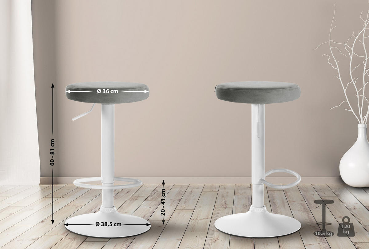BARHOCKER 2er Set Pontius Samt weiß grau - Weiß/Grau, Textil/Metall (38.5/81/38.5cm) - TPFLiving
