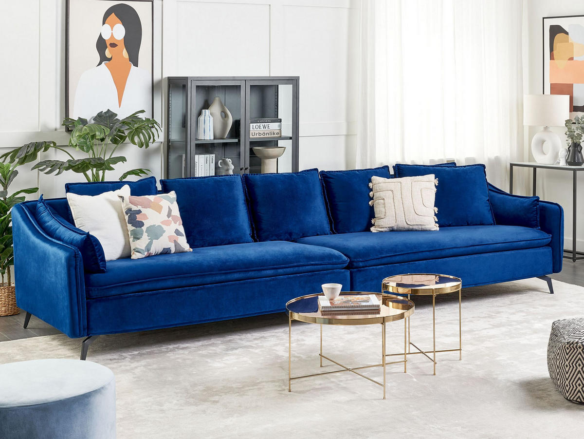 4-SITZER-SOFA Samtstoff Marineblau Aure - Hellblau, Textil (342/77/106cm) - Beliani