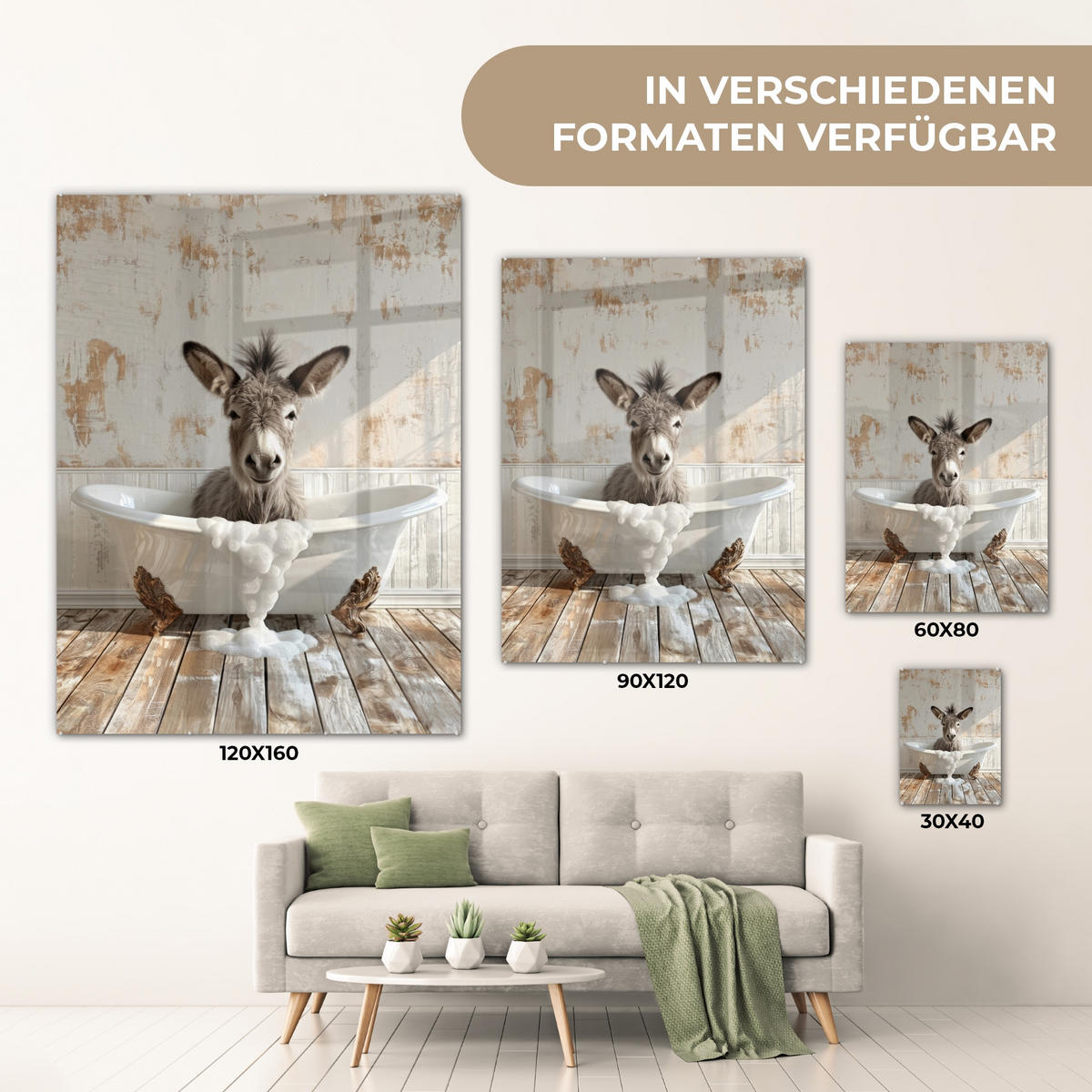 ACRYLGLASBILD Esel - Tiere - Badewanne - Schaumstoff 60x80 cm - Weiß, Glas (60/80cm) - MuchoWow