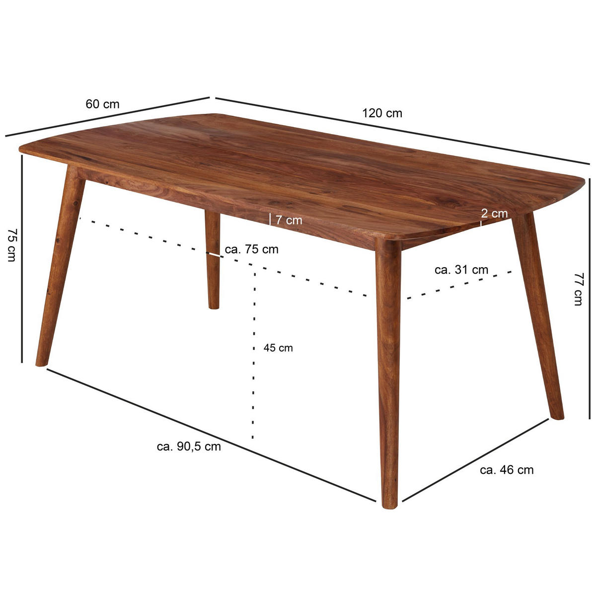 ESSZIMMERTISCH – Massivholz Braun abgerundete Ecken Landhausstil - Braun, Holz (60/120/77cm) - KADIMA DESIGN