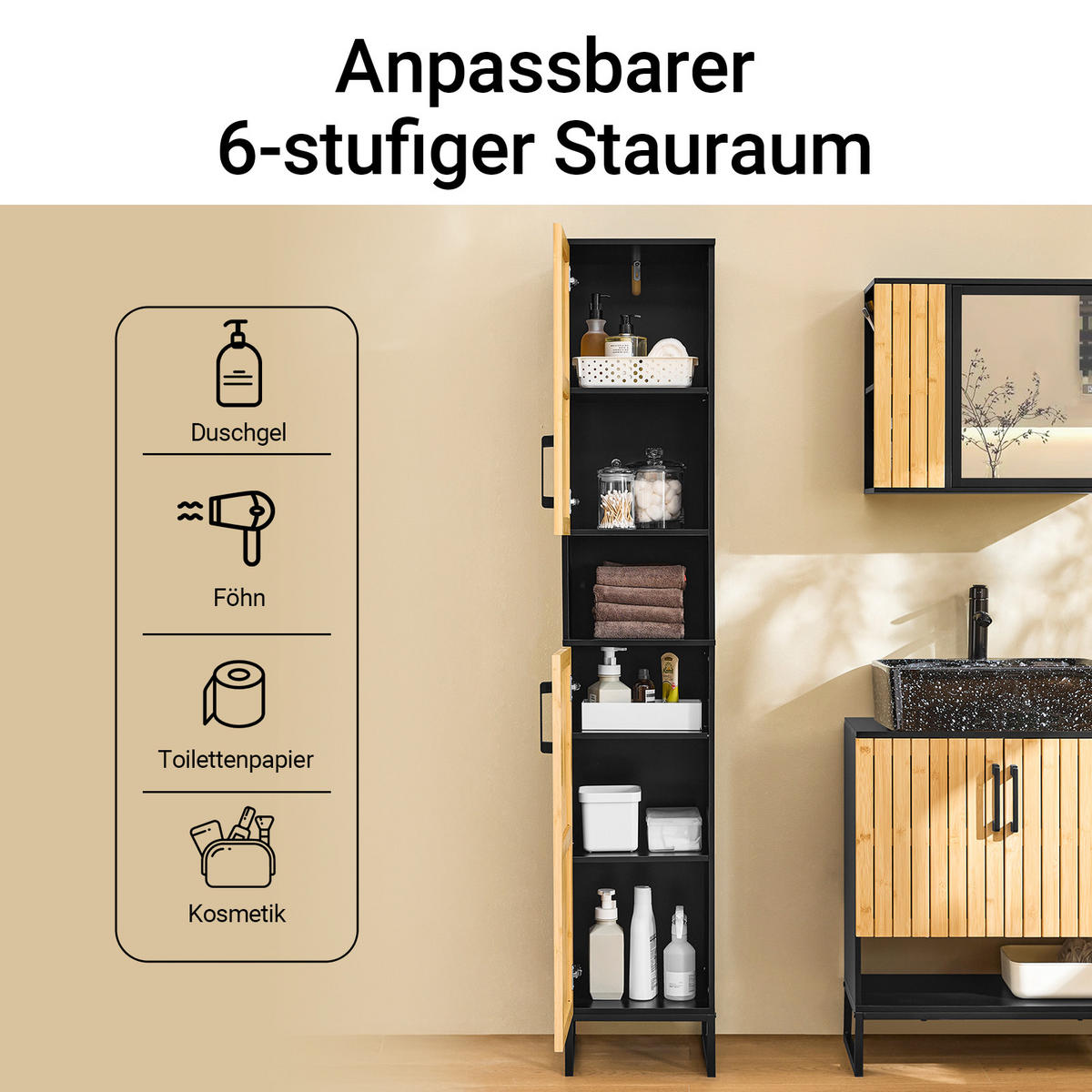 HOCHSCHRANK Schwarz - Schwarz, Holzwerkstoff (30/170/30cm) - SoBuy