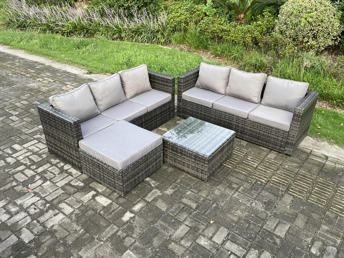 GARTENSET mit Couchtisch Polyrattan 7-Sitzer - Dunkelgrau, Metall - Fimous