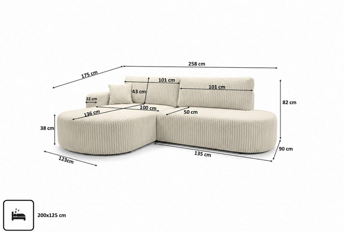 ECKSOFA Mit Schlaffunktion Und Bettkasten, Cordstoff Tilia, Ecru, Links, ROUND ONE OPEN XL - Ecru, Holz (258/175cm) - Kaiser Möbel