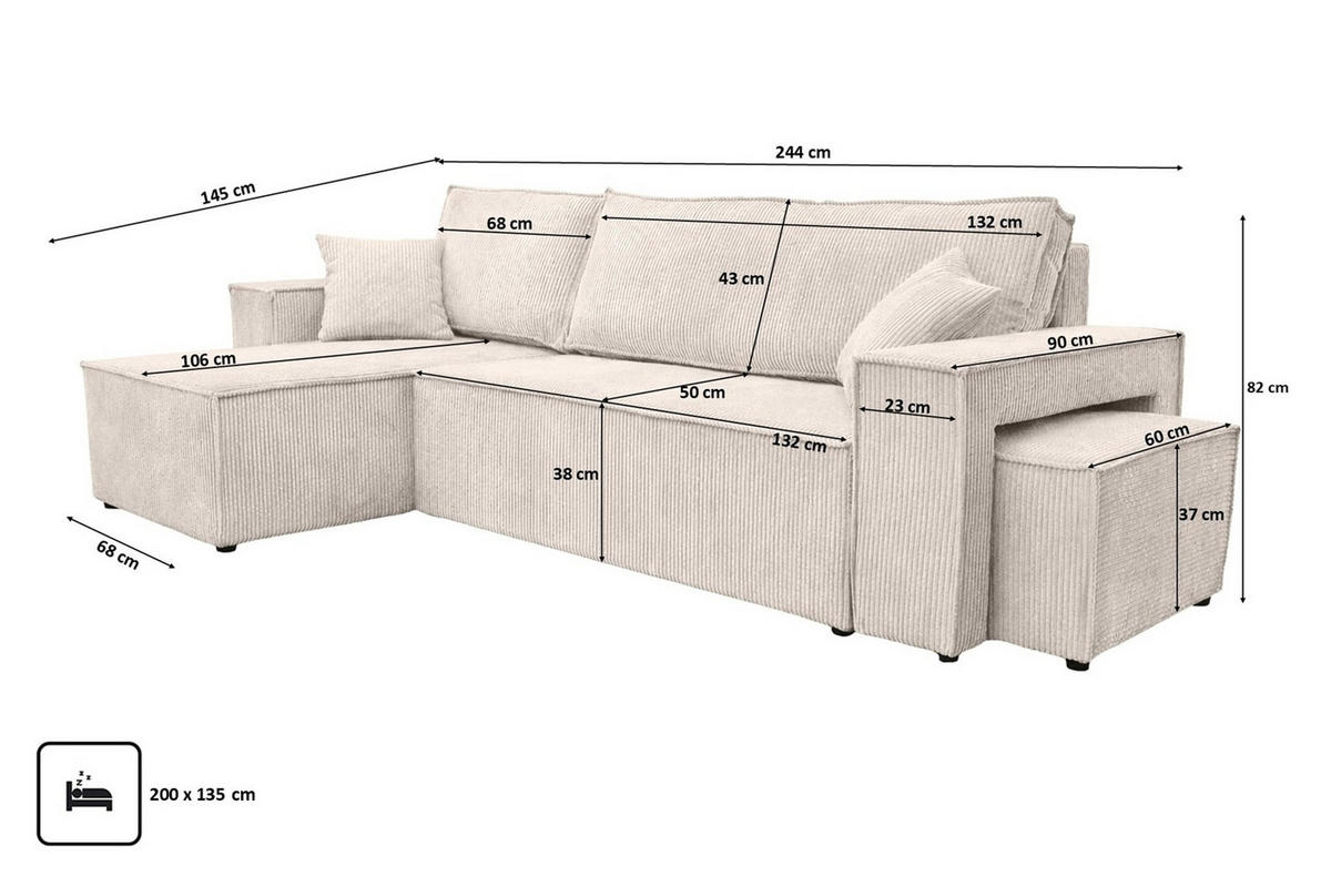 ECKSOFA Mit Schlaffunktion Und Pouf, Cordstoff Poso, Beige, Links, Best L Mit Pouf - Creme, Holz (244/145cm) - Kaiser Möbel