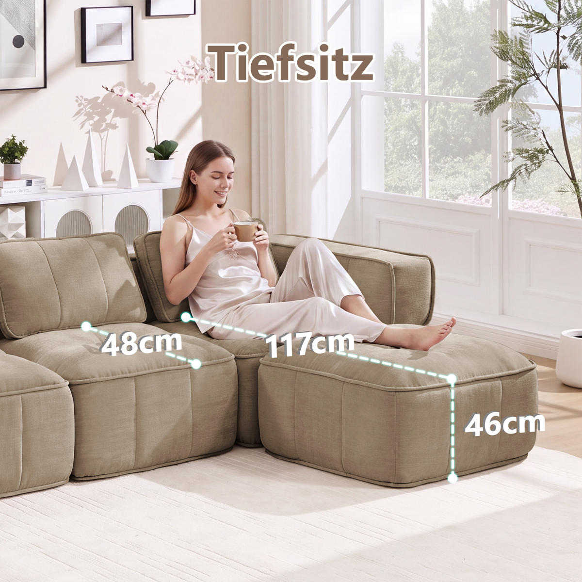 CANAPEA 4 LOCURI cu taburet, minimalist, Poliester-nisipiu - nisipiu, material textil (162/67/344cm) - KOMHTOM