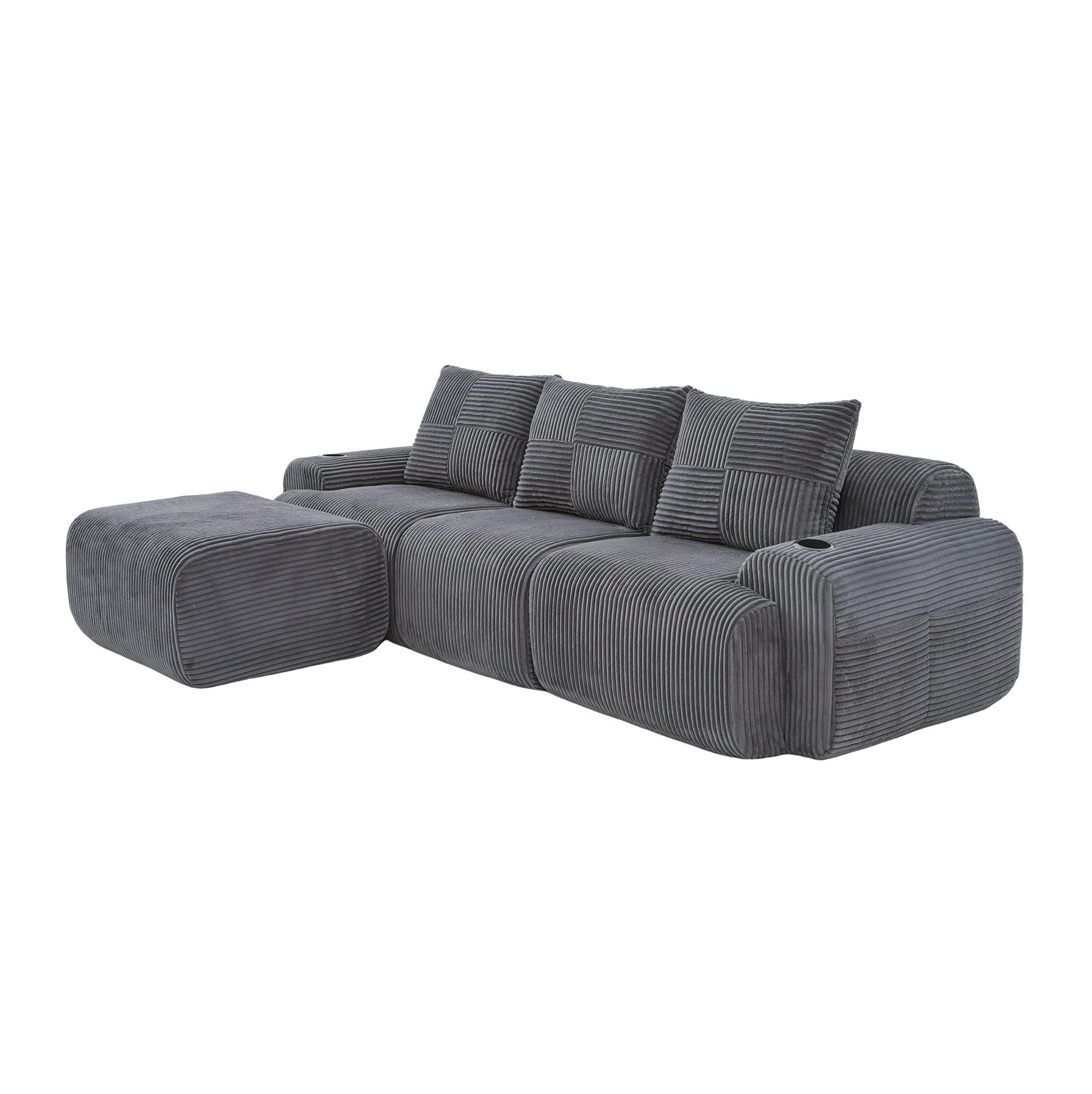 OKWISH MODULÁRNÍ pohovka 268/174/80 cm tmavě šedá z manšestru s držákem na nápoje a kapsou