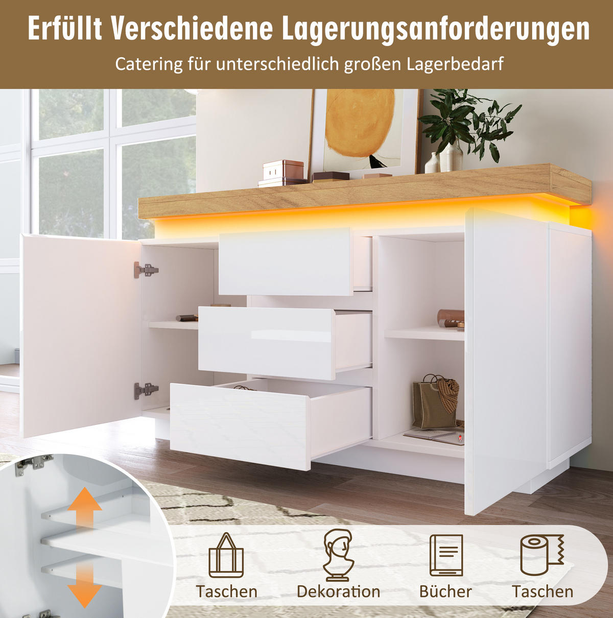 KOMMODE aus Spanplatte und MDF 39x140x81 cm Weiß mit LED-Beleuchtung, 2 Türen, 3 Schubladen und verstellbaren Einlegeböden - Weiß, Holzwerkstoff (140/81/39cm) - Modfu