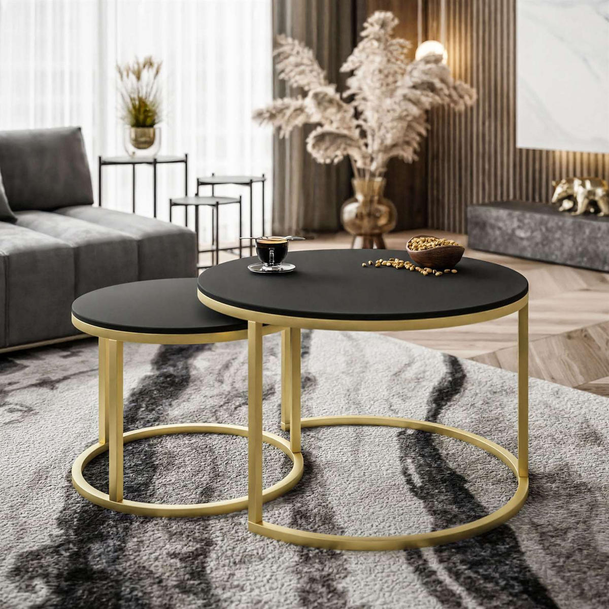 COUCHTISCH CIRI SLIM 2-in-1 goldene Struktur schwarz matt - Goldfarben, Holzwerkstoff (70/70/48cm) - Lookway