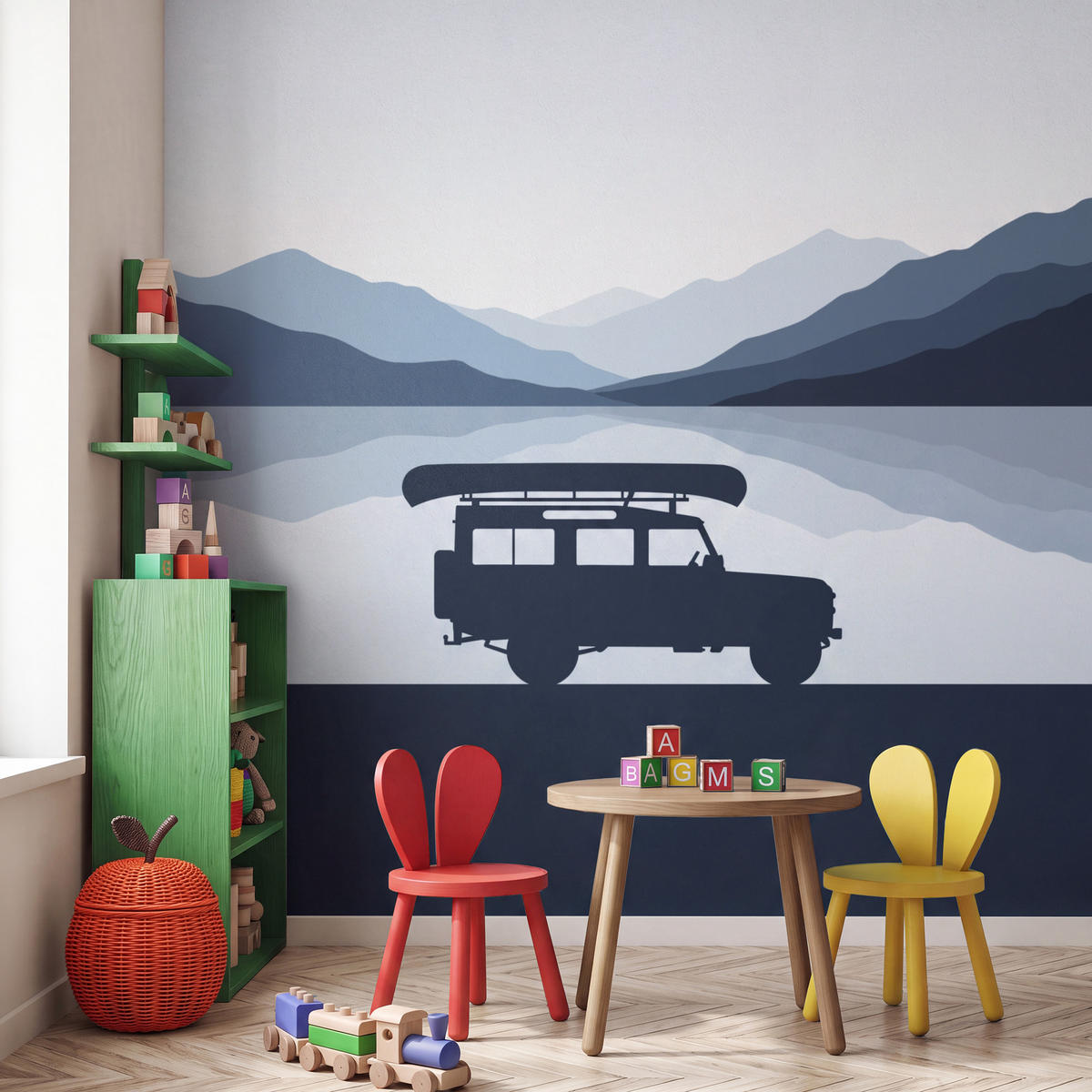 KINDERTAPETE - Auto - See - Berge - Blau - 200x200 cm - Blaugrau, Papier (200/200cm) - OnlyWow