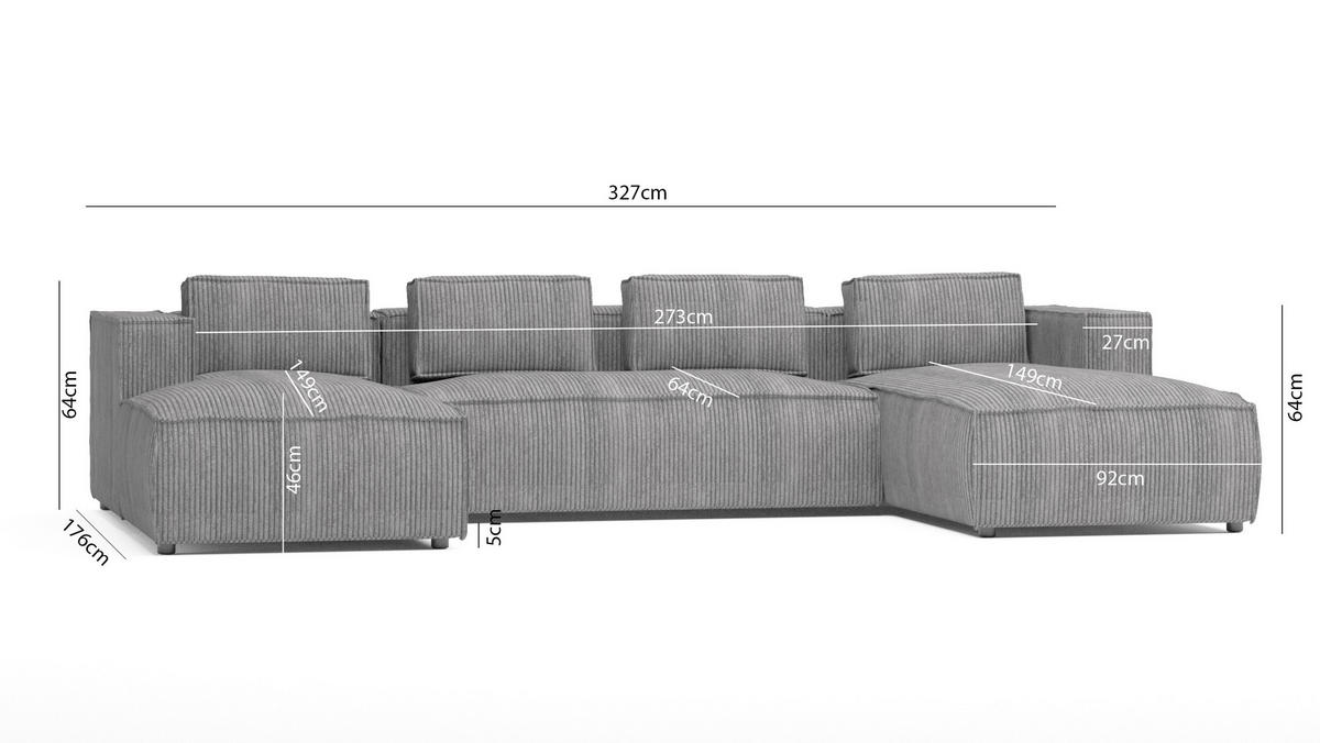 WOHNLANDSCHAFT Nova Hellgrau Cord - Hellgrau/Schwarz, Holz/Kunststoff (327/64/176cm) - S-Style Möbel