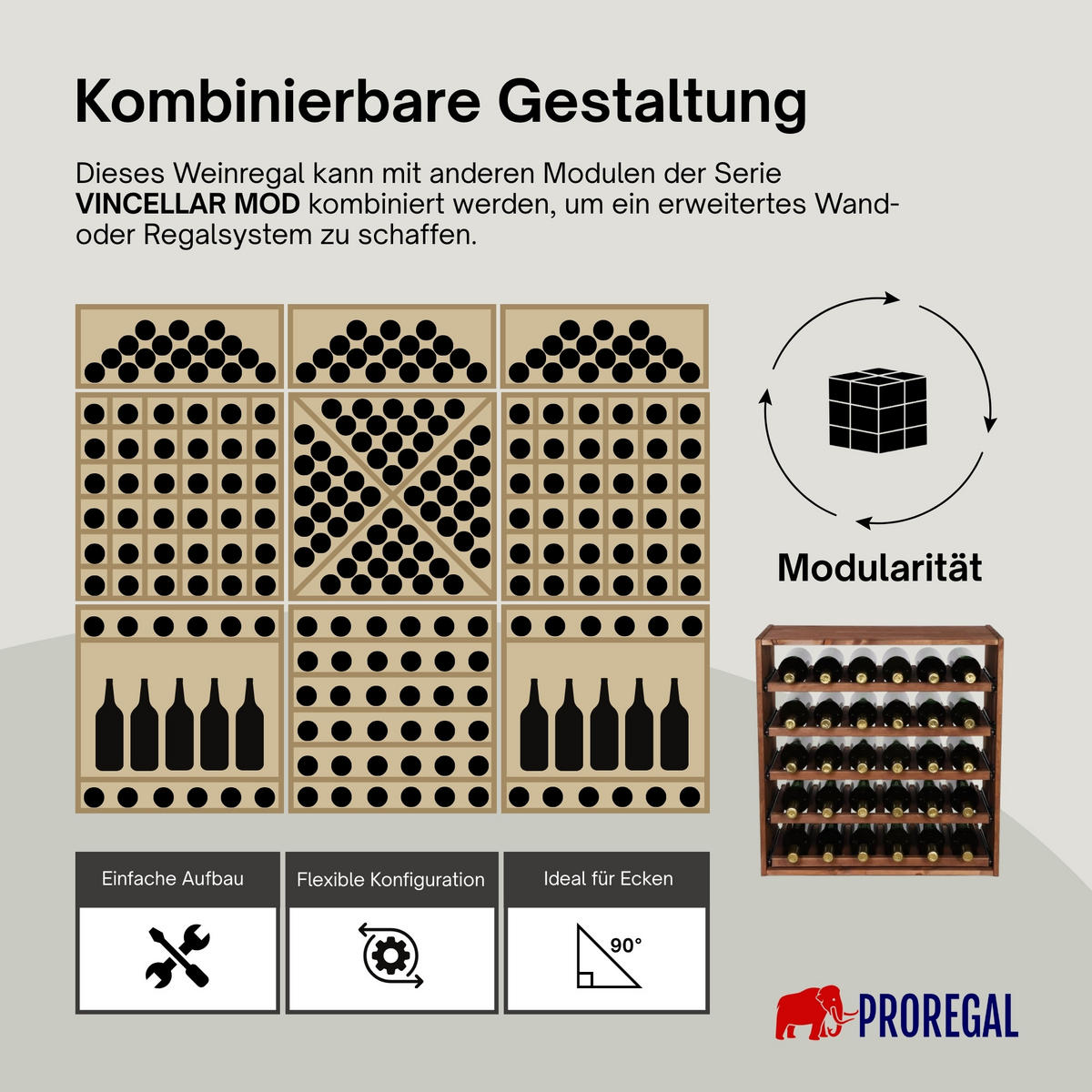 WEINREGAL Vincellar Mod 60x60x30 cm Auszug Modul Für 30 Flaschen mit Ausziehbaren Ebenen Massives Kiefernholz Braun Geölt - Braun, Holz (60/60/30cm) - PROREGAL