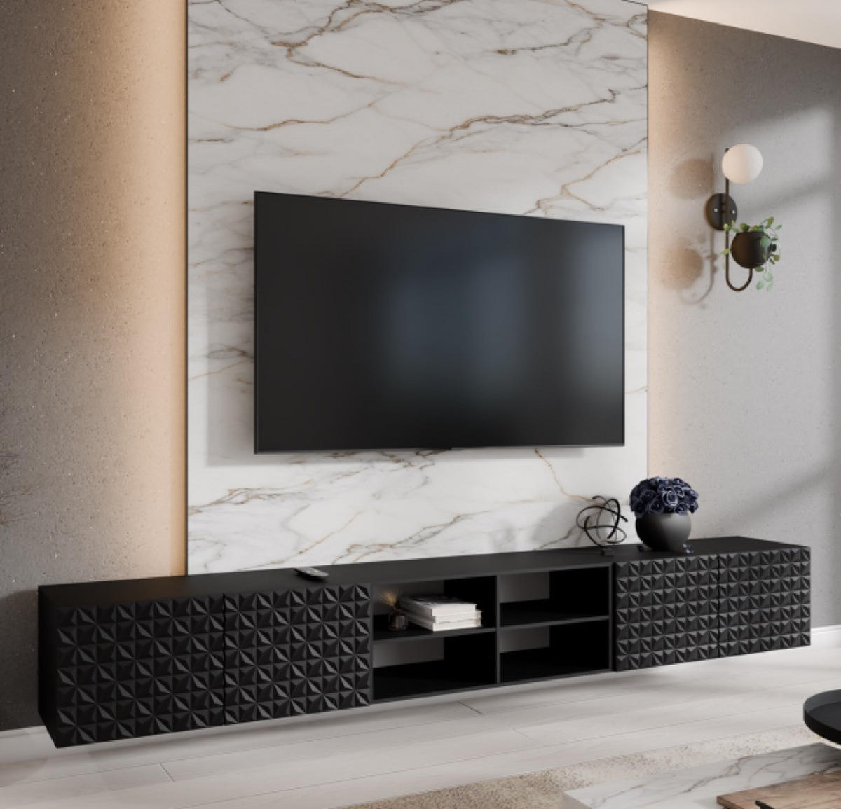 TV-SCHRANK Schwarz ALI Offene Fächer Dekorative Fronten 300 cm - Schwarz, Holzwerkstoff (300/41/40cm) - Sepro Meble
