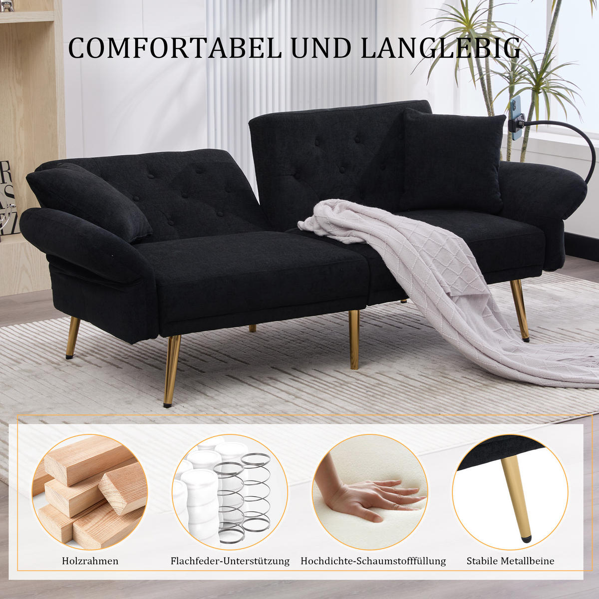 SCHLAFSOFA 2-Sitzer Chenille mit 3-fach verstellbarer Rückenlehne und USB-Anschluss Schwarz 173/78/78 cm - Schwarz, Textil (78/78/173cm)