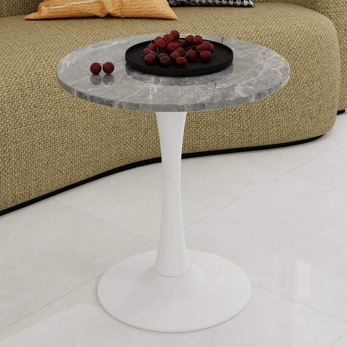 COUCHTISCH 70/70/72 cm vielseitig einsetzbar mit runder Tischplatte in Marmoroptik, Antikweiß+Grau - Weiß, Stein (70/70/72cm) - Redom