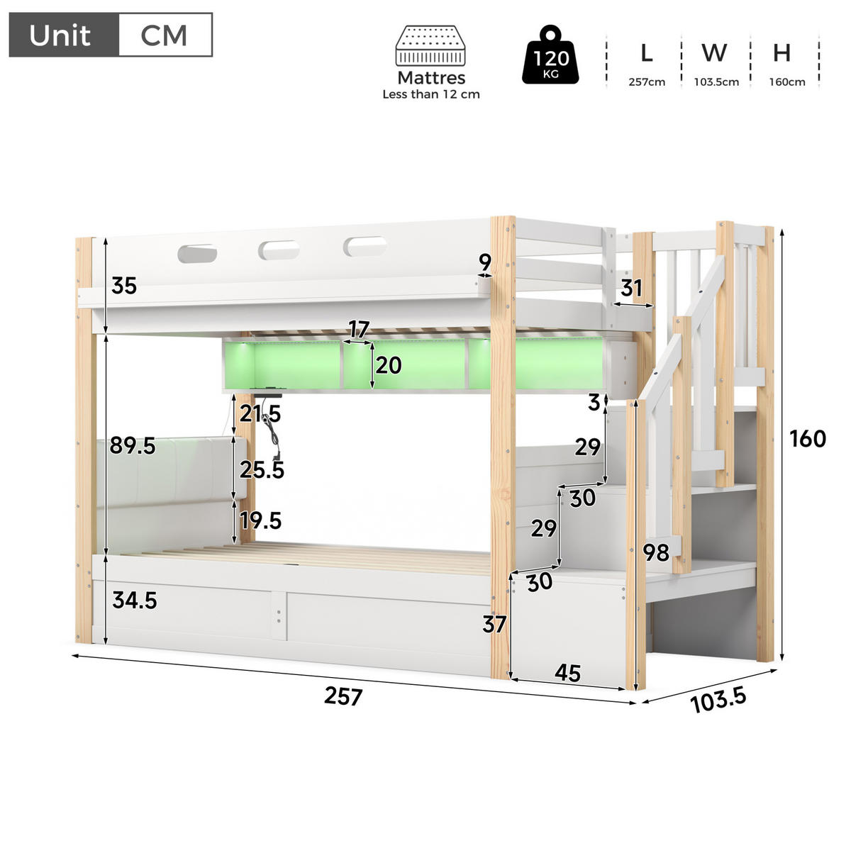 ETAGENBETT aus Kiefernholz und MDF 90x200+90x200 cm Weiß mit hydraulischem Unterbett, LED-Licht und Stauraumtreppe - Weiß, Holz (90/200cm) - Modfu