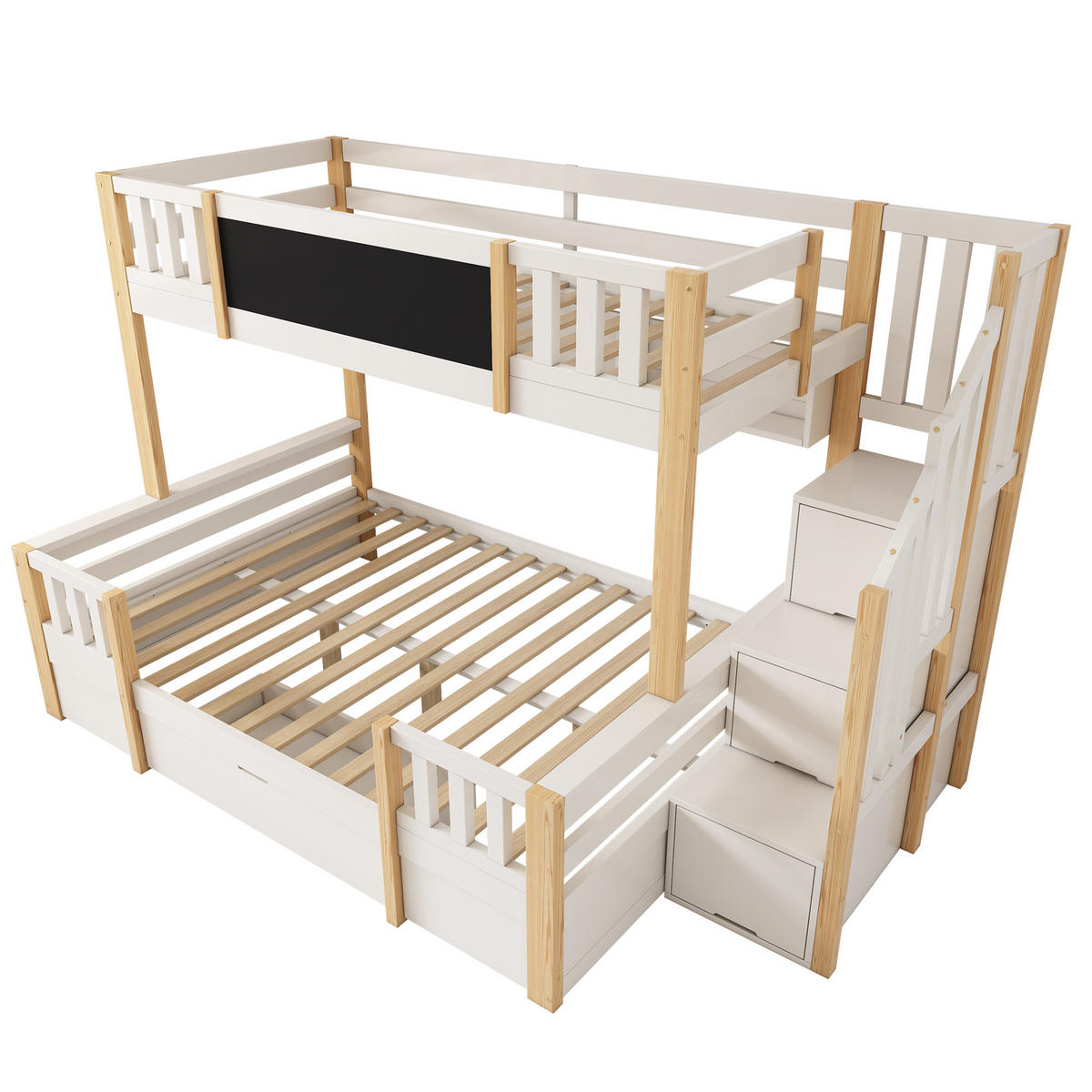 ETAGENBETT 90/200 cm & 140/200 cm in Weiß & Natur mit Schubladen, Regal und Leiterschrank - Weiß/Naturfarben, Holz/Holzwerkstoff (90/200cm) - WISHDOR