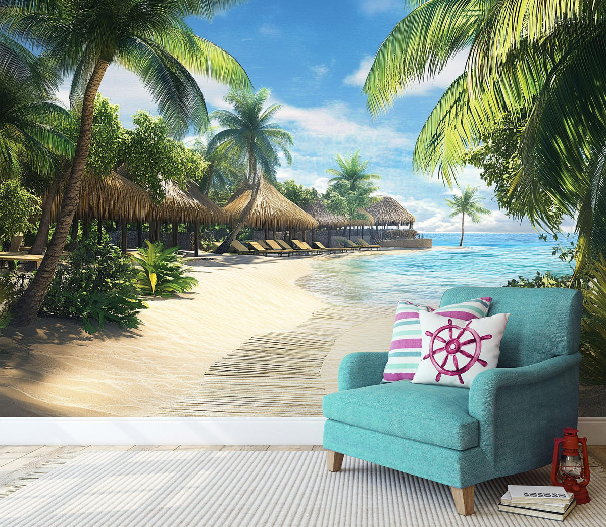 FOTOTAPETE 3D Effekt Strand Palmen Meer 350x250 - Multicolor, Papier (350/250cm) - Wallarena