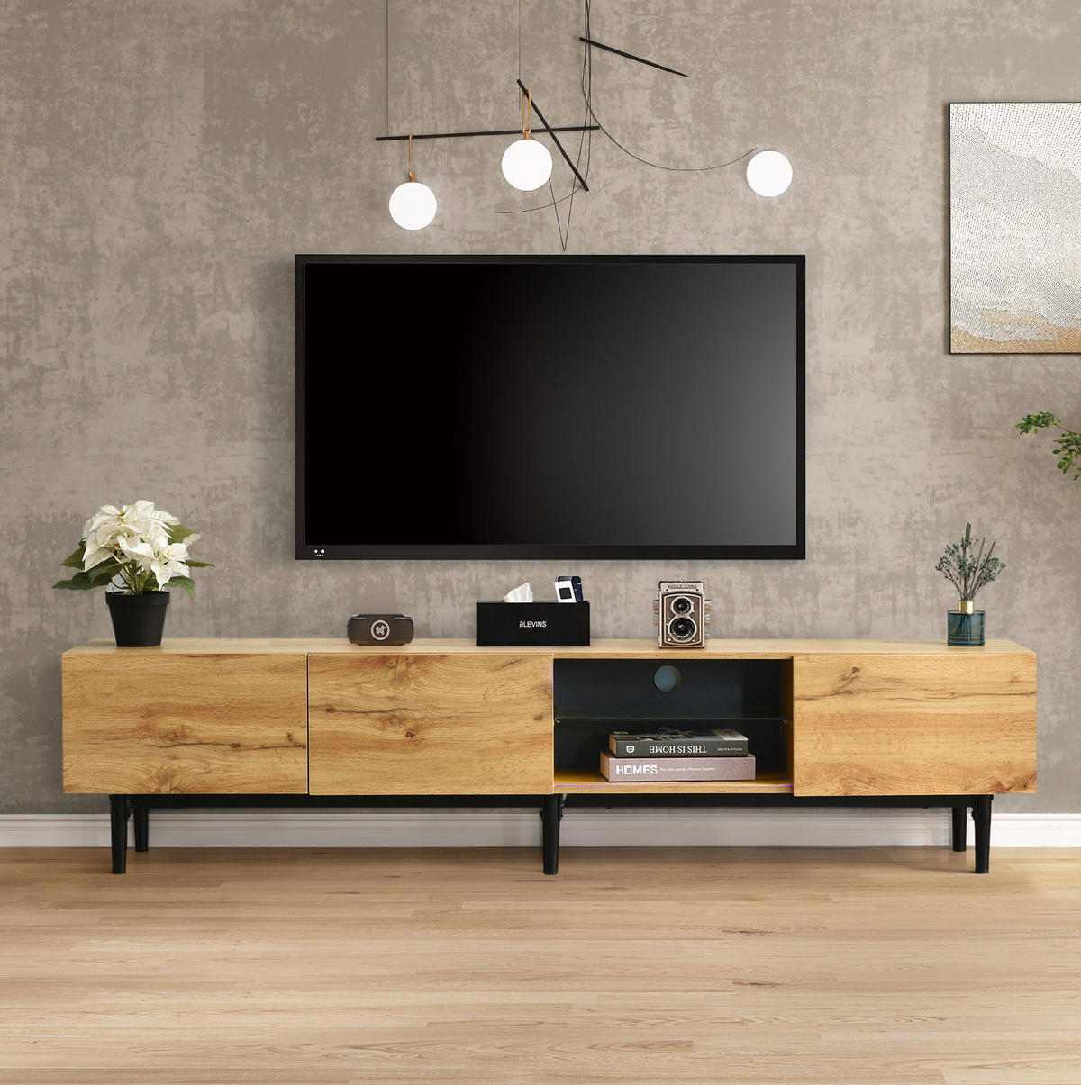 TV-BOARD aus MDF 175x31x41 cm Eichefarben/Schwarz mit LED-Beleuchtung, 3 Fächern und viel Stauraum - Eichefarben, Holzwerkstoff (175/41/31cm) - Modfu