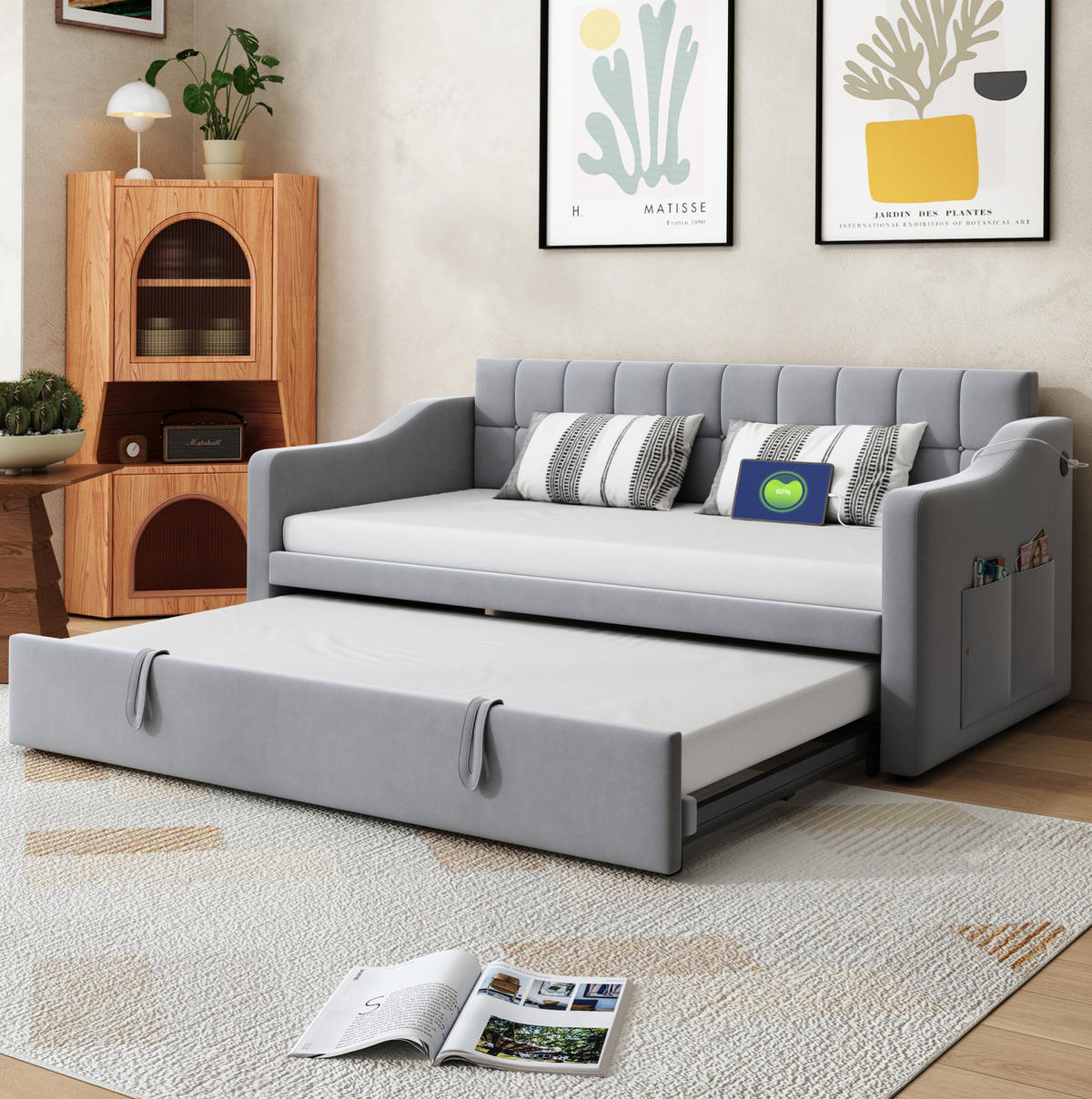 POLSTERBETT 90/190 cm aus Samt mit Ausziehfunktion und USB-Ladeports Hellgrau - Hellgrau, Textil (90/190cm) - Modenvie