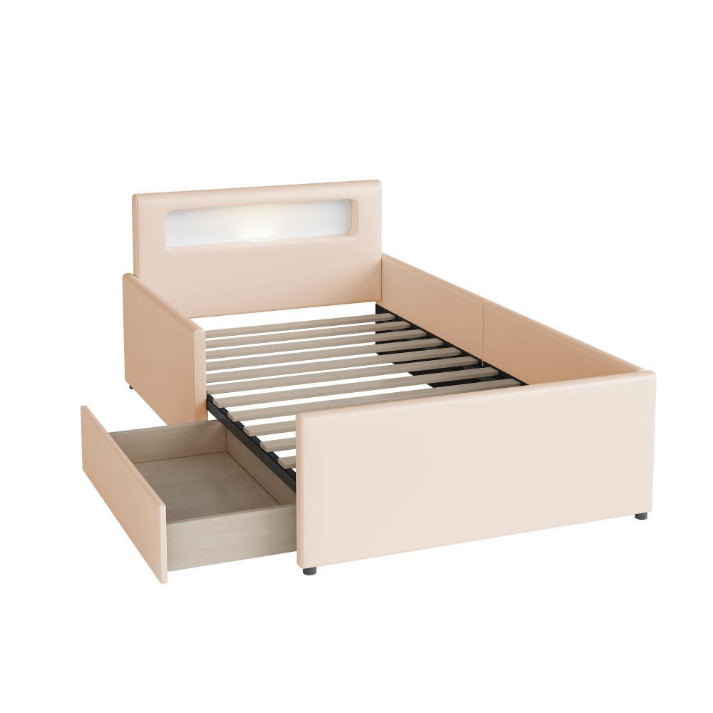 POLSTERBETT 90x200 cm mit Nachtlicht und USB-Ladeanschluss in Beige - Beige, Leder/Holz (90/200cm) - KOMHTOM