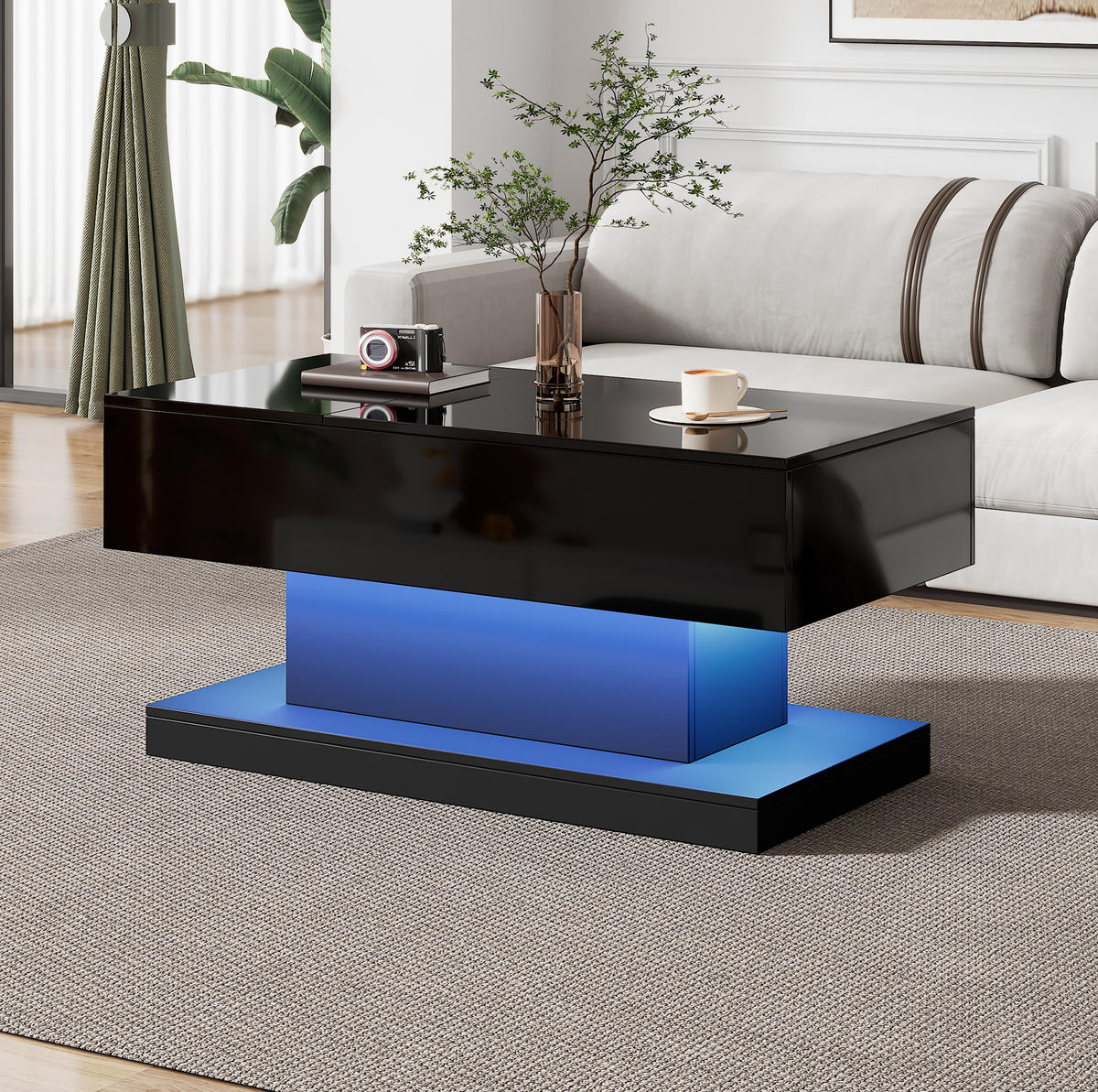COUCHTISCH mit Liftfunktion 100x50x45 cm Hochglanz Schwarz mit LED - Schwarz, Holzwerkstoff (100/50/45cm) - Meubliv