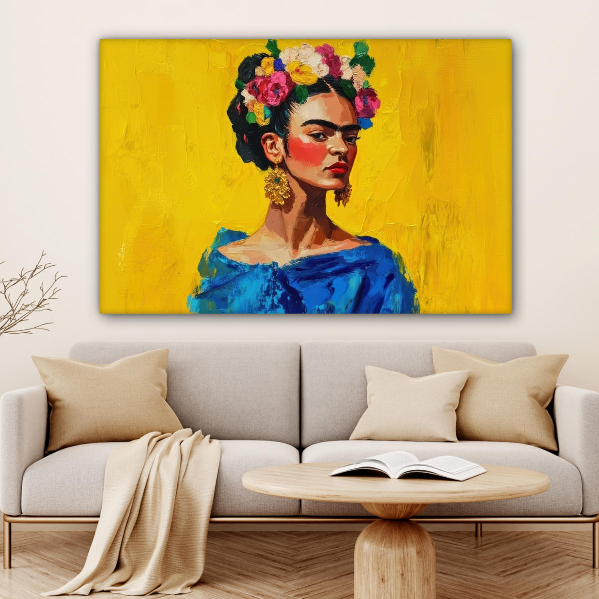 LEINWANDBILD Frida Kahlo - Frau - Gelb - Blau - Blumen Groß 140x90 cm - Gelb, Textil (140/90cm) - MuchoWow
