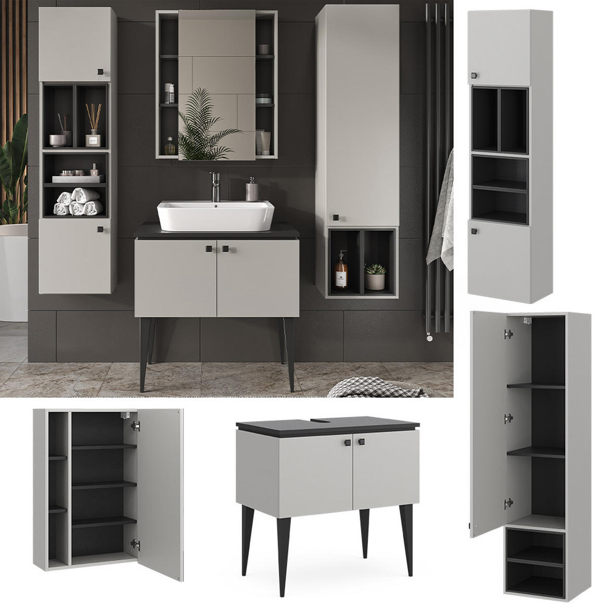 BADMÖBEL-SET Gerta Grau 4 Teile - Schwarz/Grau, Holzwerkstoff (80/79/50cm) - Vicco