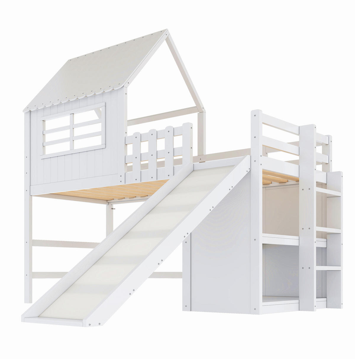 HOCHBETT 90/200 cm Weiß Dachboden-Design mit Rutsche und Stauraum - Weiß, Holz (90/200cm) - OKWISH