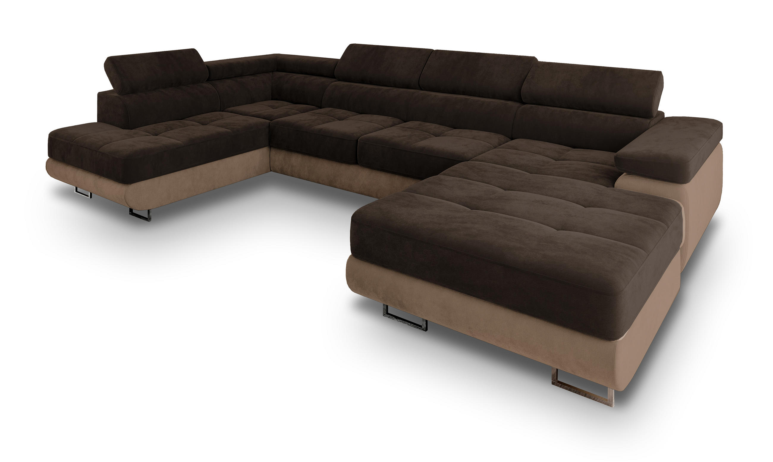 WOHNLANDSCHAFT CASONE L-S Braun Velours-Stoff mit Schlaffunktion - Braun, Holz (345/90/202cm) - MASSENO