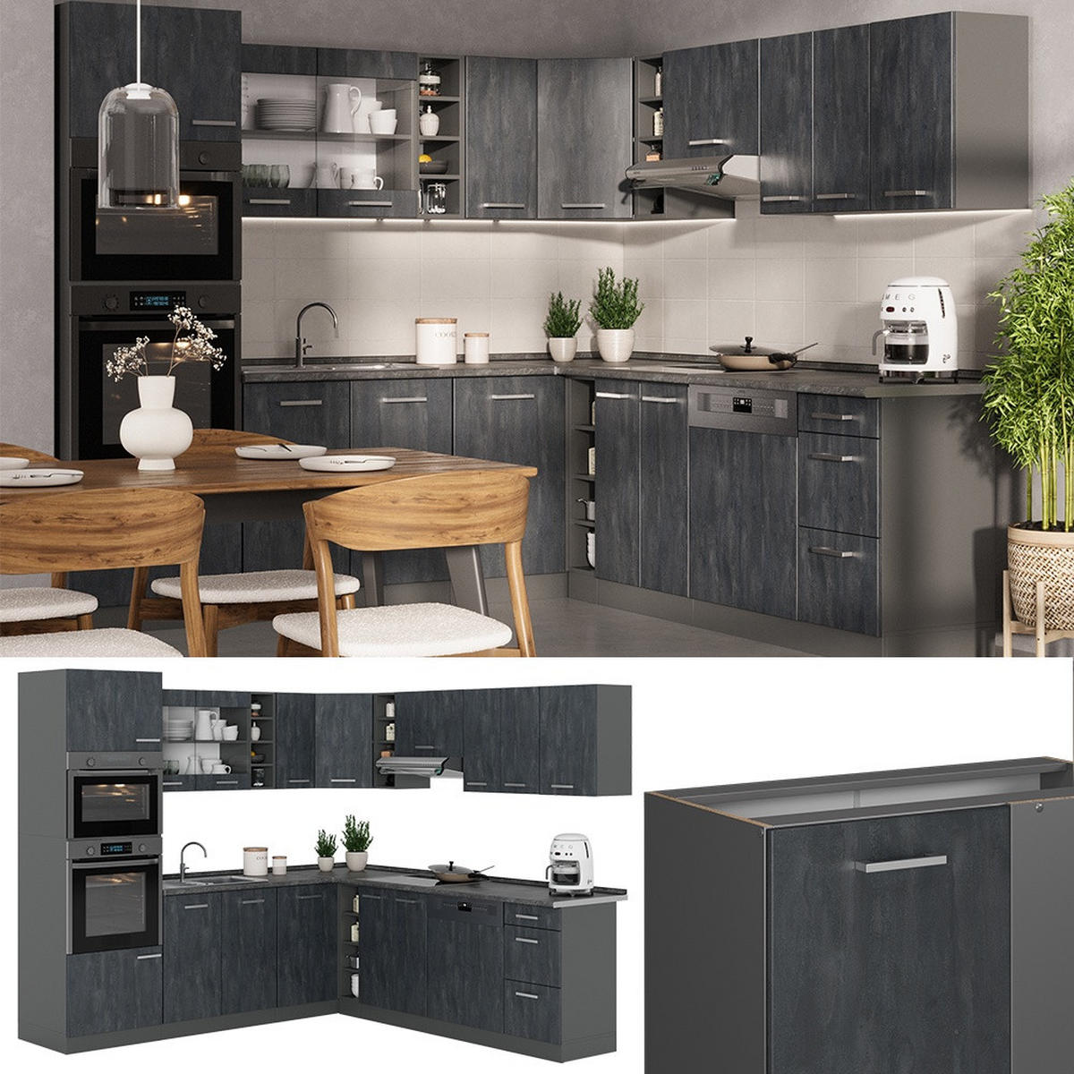 ECKKÜCHE R-Line, Schwarz Beton/Anthrazit, 247 x 237 cm AP Anthrazit - Anthrazit/Schwarz, Holzwerkstoff (247/81.6/60cm) - Vicco