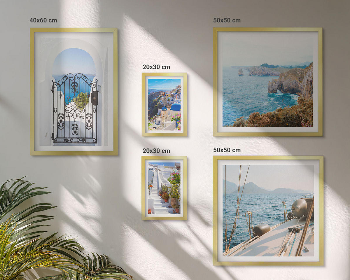 BILDER SET 5er Set - 50x50 cm & 20x30 cm & 40x60 cm Goldrahmen - Griechische Architektur auf Santorin, Oia - Goldfarben, Kunststoff (40/60cm) - TULUP
