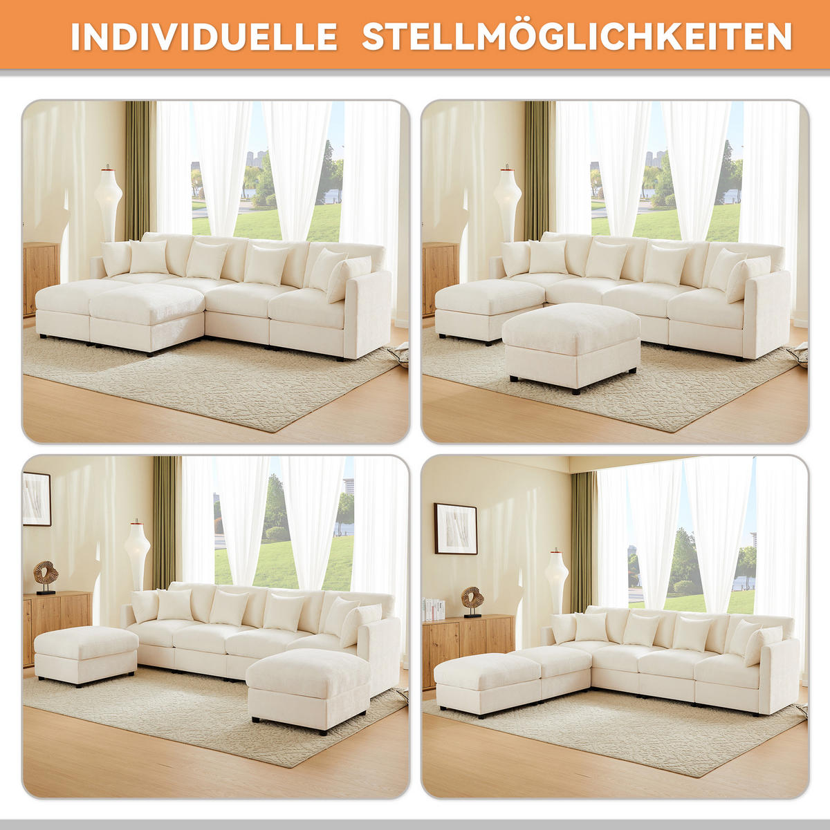 MODULOVÁ sedacia súprava z chenille 284x156,5x86 cm béžová s nastaviteľnými podrúčkami, 2 taburetkami a 6 vankúšmi - béžová, textil (156.5/86/284cm) - Modfu