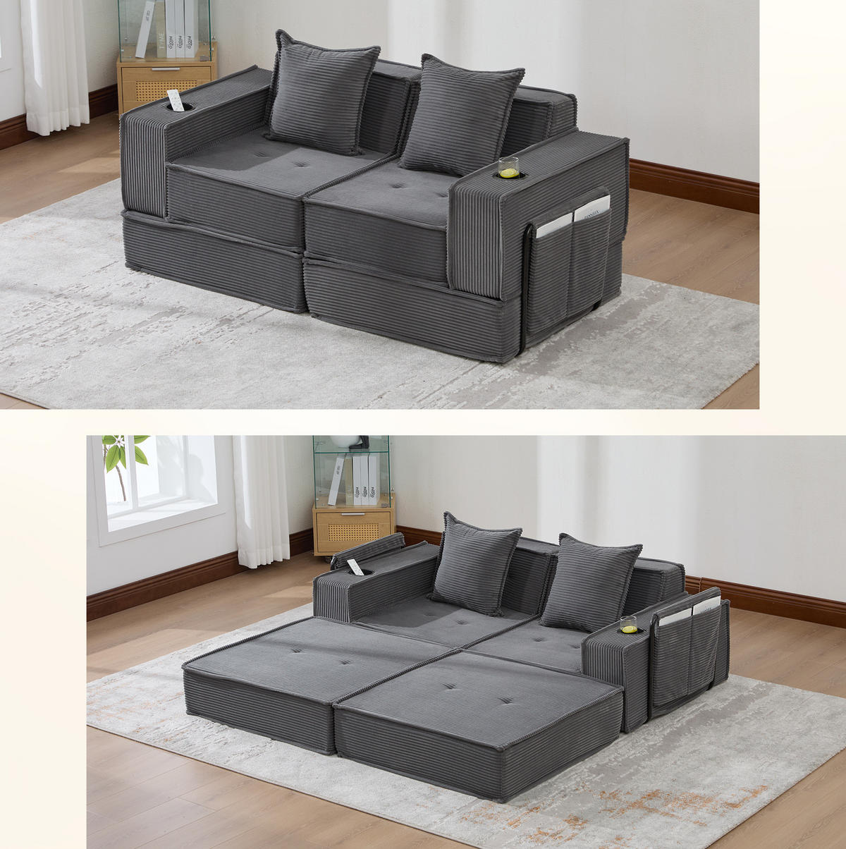 2-SITZER-SOFA 162/78/66 cm mit 2 Kissen, Seitentaschen und modularem Cord-Design, Dunkelgrau - Dunkelgrau, Textil (162/66/78cm) - Redom