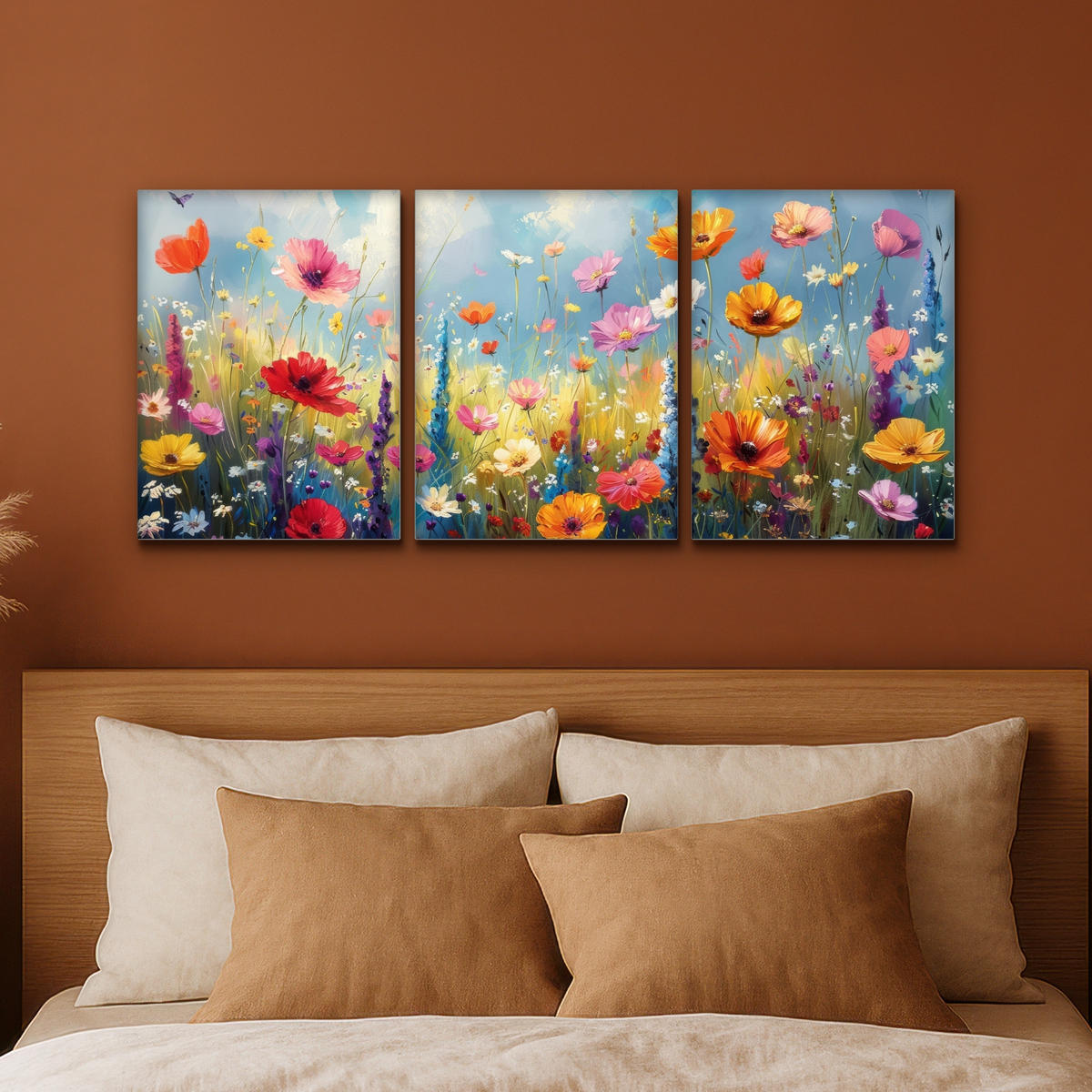 LEINWANDBILD 3er Set Blumen - Frühling - Farbenfroh - Sommerlich 90x40 cm - Orange, Textil (90/40cm) - MuchoWow