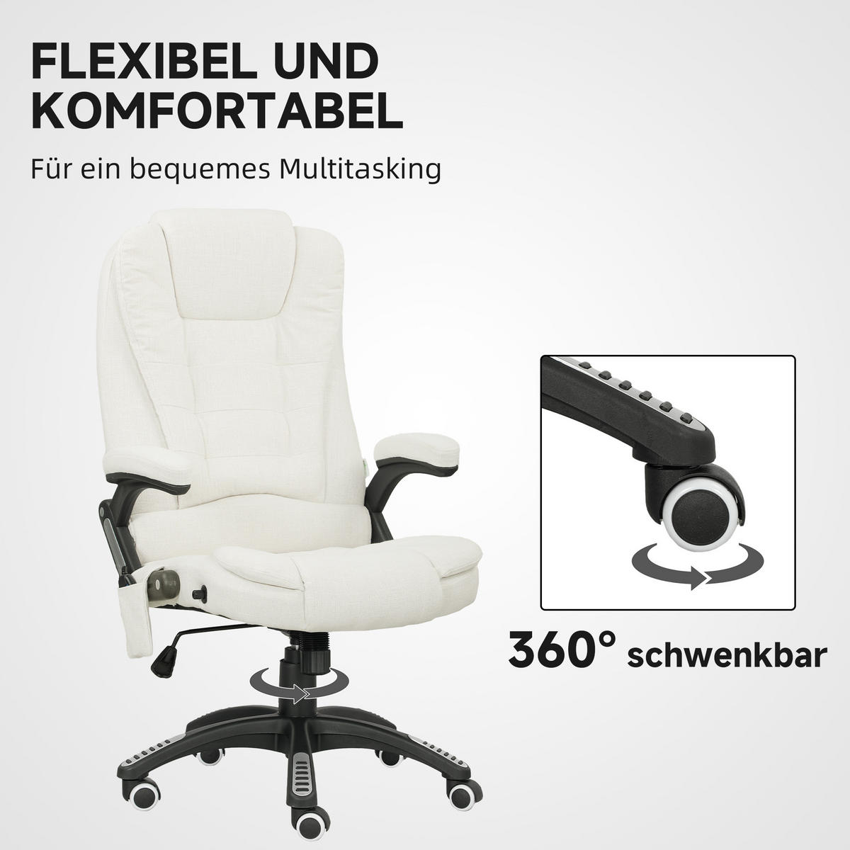 MASSAGESESSEL Chefsessel Gamingstuhl Drehstuhl Massagebürostuhl Cremeweiß - Schwarz/Weiß, Kunststoff/Textil (74/116/67cm) - Vinsetto