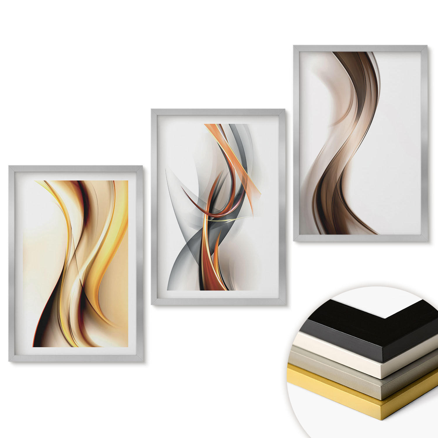 WANDBILDER 3er Set - 40x60 cm Silberner Rahmen - Gelbgrau-braune Wellen - Silberfarben, Kunststoff (40/60cm) - ArtPrintCave