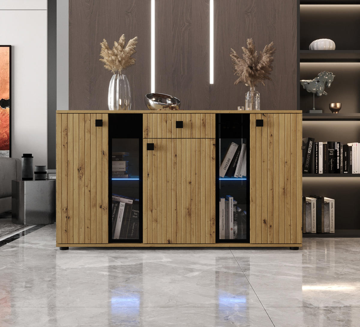 KOMMODE London LSMK LAMELE mit 3 Türen, Sideboard in Farbe: Braun, Größe: 140 x 80 x 40 cm - Braun, Holzwerkstoff (140/80/40cm) - O-Sofa