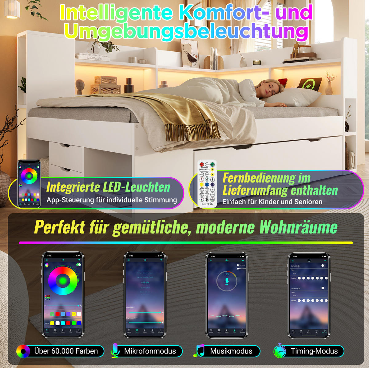 DENNÁ posteľ 90/200 cm biela z dreva s LED osvetlením USB a Typ-C nabíjaním a úložným priestorom - biela, kompozitné drevo (90/200cm) - OKWISH