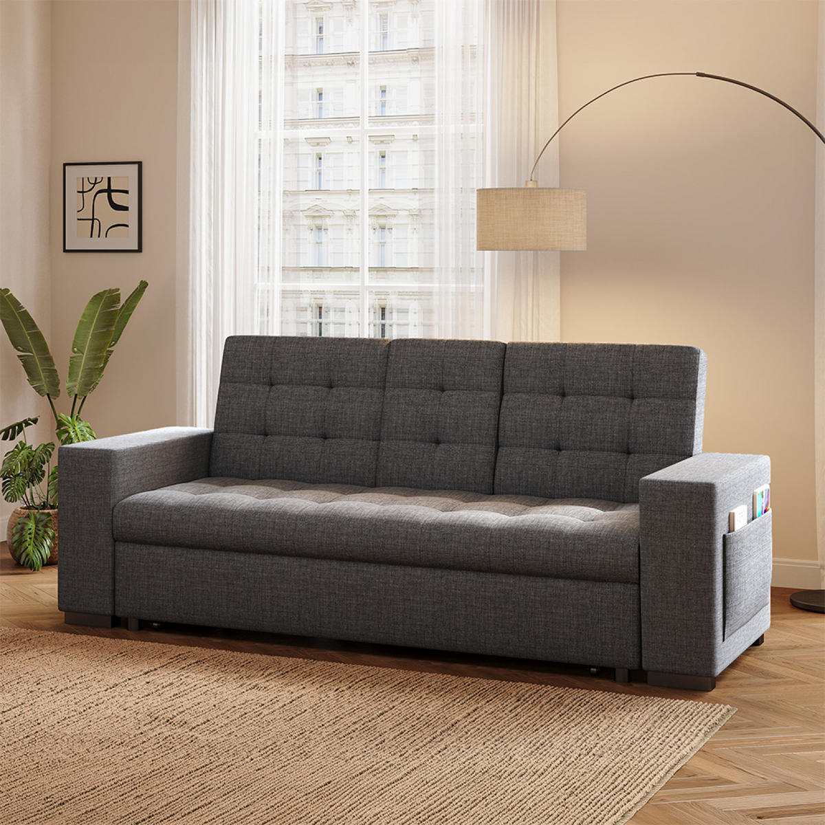 SCHLAFSOFA Noho grau 3-Sitzer aus Polyester - Grau, Holz (203/85/86cm) - Concept Usine