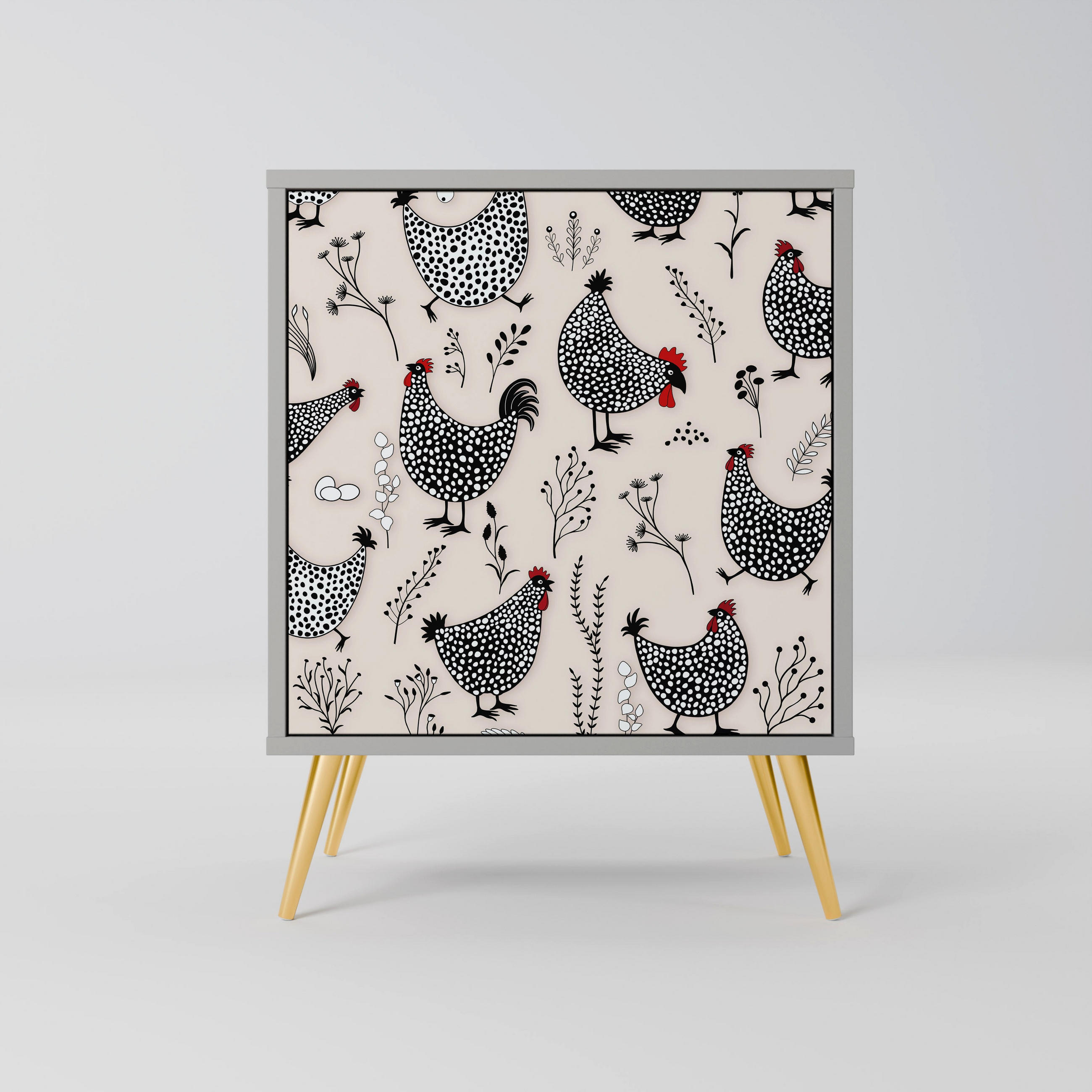 SIDEBOARD HAPPY HENS, Grau, 57,5x42x75,5 cm, Goldfarbene Metallfüße - Goldfarben/Multicolor, Holzwerkstoff/Metall (57.5/75.5/42cm) - SpaceRebels