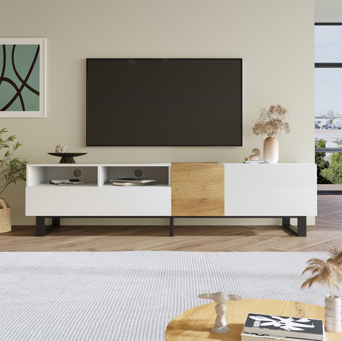 TV-ELEMENT mit Stauraum 180 x 38 x 50 cm MDF Weiß Holzoptik - Weiß, Holzwerkstoff (38/50/180cm) - Beauniv