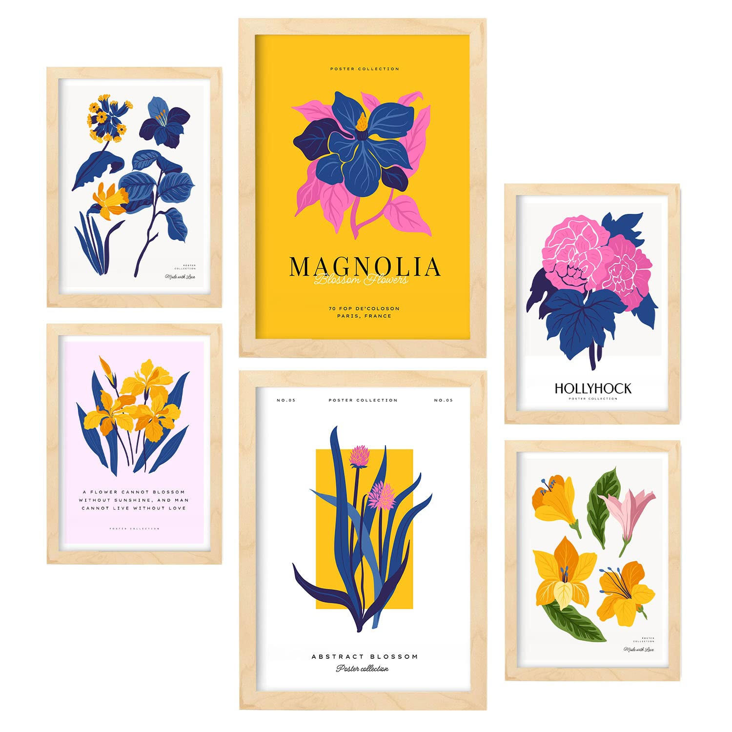 POSTER Set Mit 6 Blumen Magnolienblätter Natur Und Botanikdrucke Für Innenarchitektur A3 & A4 Schwarzer Rahmen - Schwarz, Papier (29/3cm) - Nacnic