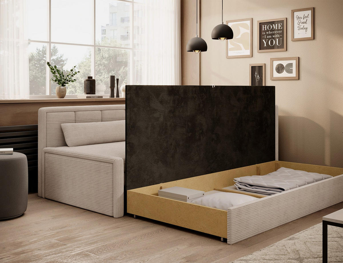 SCHLAFSOFA FULGEO mit Schlaffunktion & Bettkasten – Modernes 3-Sitzer Sofa, Liegefläche 200 x 150 cm - Beige, Kunststoff (214/82/77cm) - Wohnideebilder