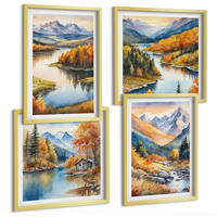 BILDER SET 4er Set - 50x50 cm & 40x60 cm Goldrahmen - Bergblick, Fluss, Herbst - Goldfarben, Kunststoff (50/50cm) - TULUP
